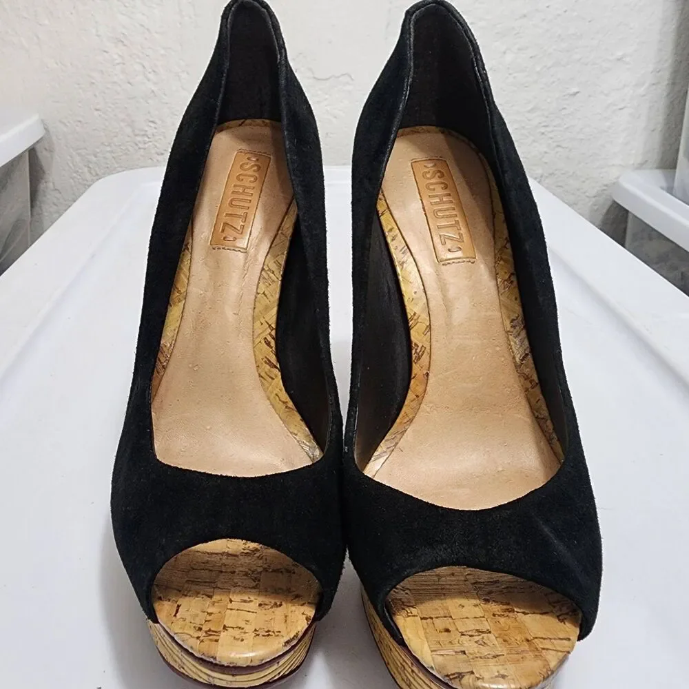 SCHUTZ Black Suede Peep Toe Platform Stiletto Heels Cork Bamboo Texture Pumps 9B